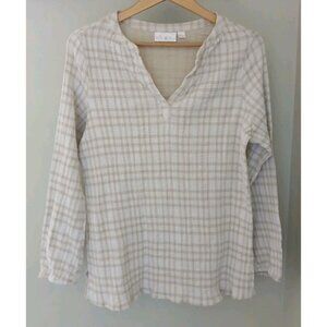 Belle Kim Gravel Pucker Perfect Plaid 100% Cotton Popover TopSize 1X Tan Gauzy